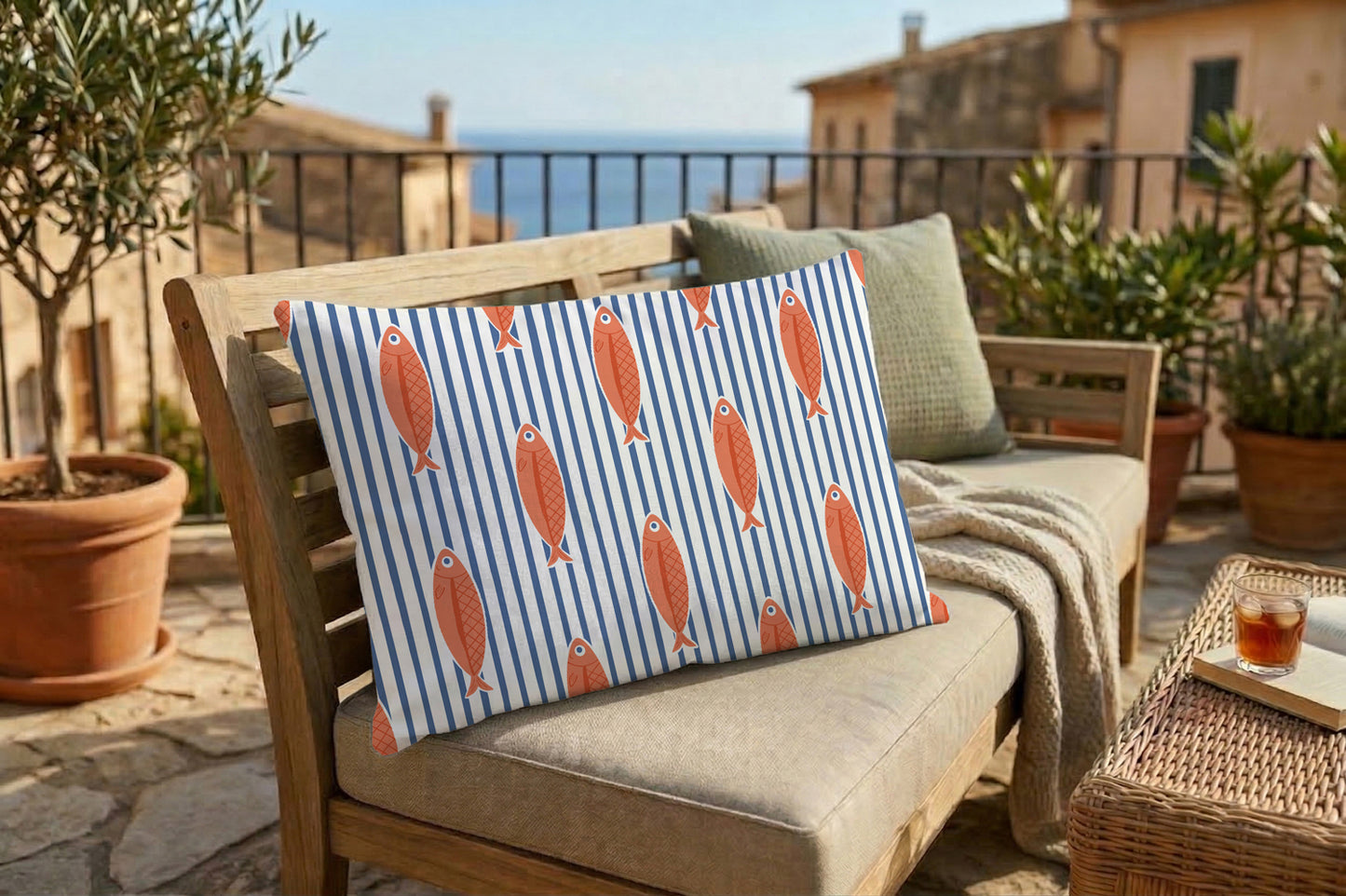 Outdoor Kissenbezug - Fische und Streifen