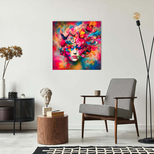 Acrylglasbild - Sinnliches Kaleidoskop: Eingehüllt in Blumen und Schmetterlinge Wohnbeispiel