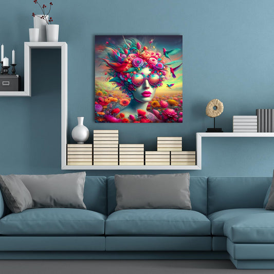 Acrylglasbild - Frauen mit ausgefallenen Brillen in einer lebendigen Welt voller Blumen und Vögel I Wohnbeispiel