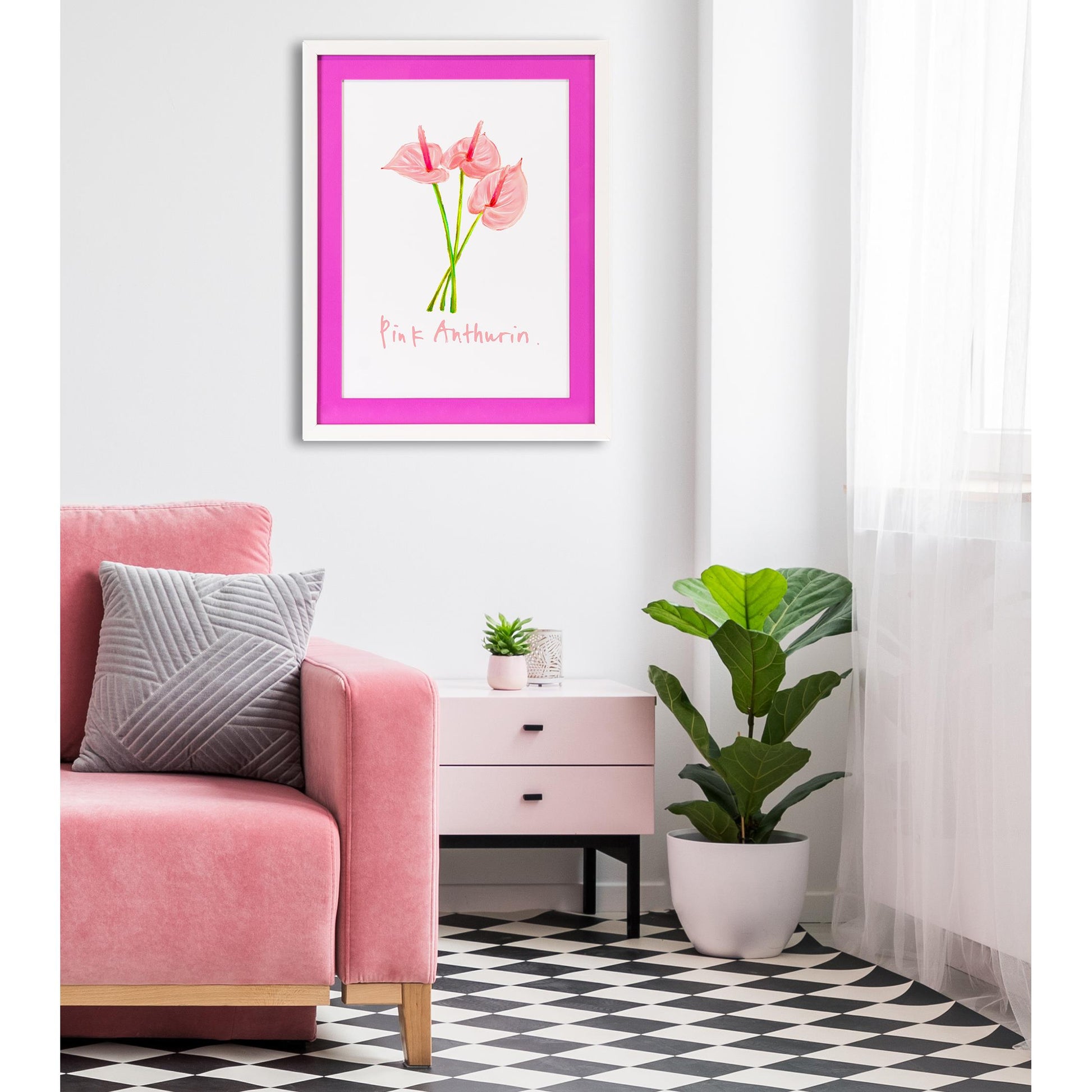 Rahmenbild mit Acrylpassepartout - Pink Anthurin Einrichtungsbeispiel