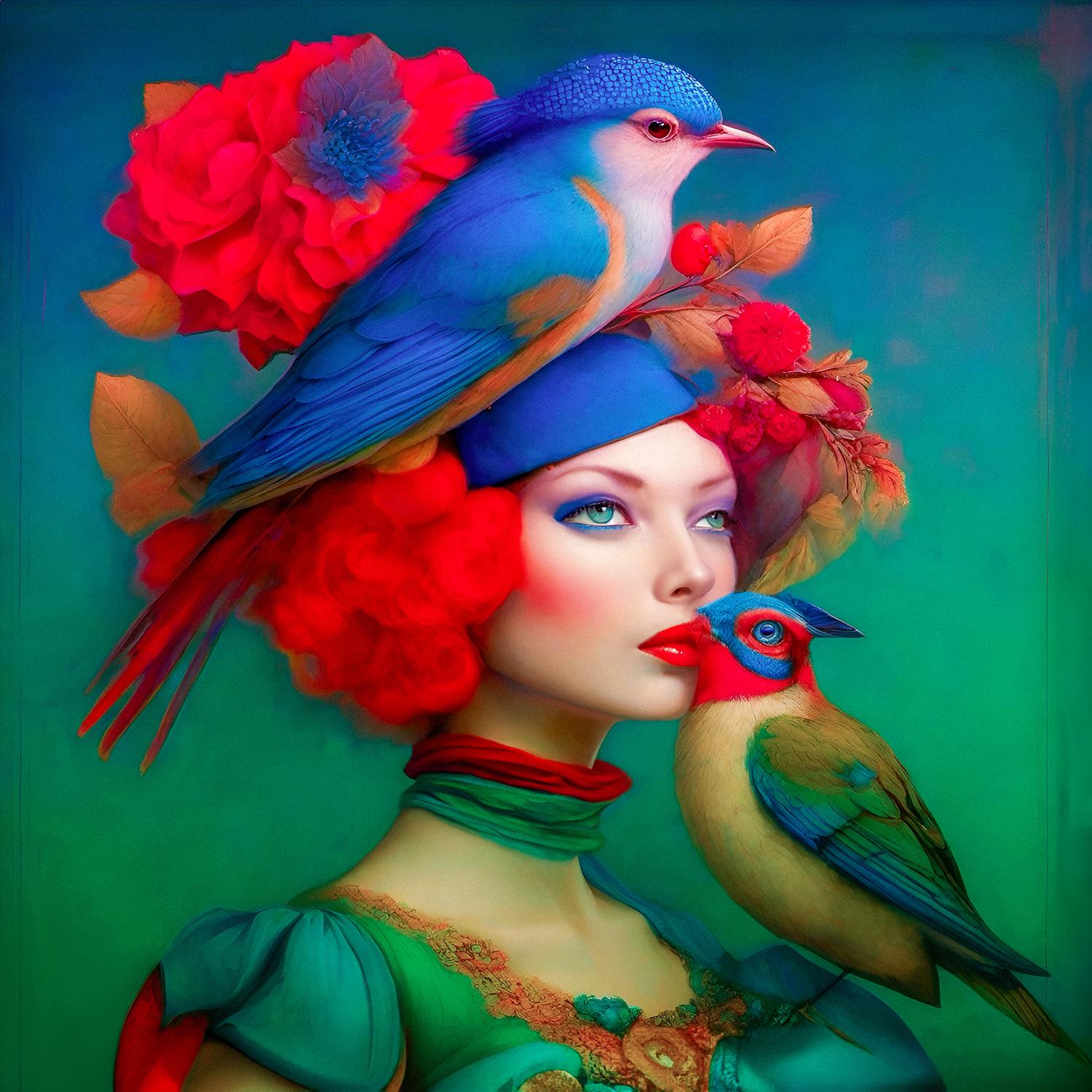 Acrylglasbild - Surreales Portrait einer Frau mit Vögeln in blau rot grün Farbe