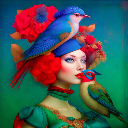 Acrylglasbild - Surreales Portrait einer Frau mit Vögeln in blau rot grün Farbe