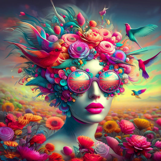 Acrylglasbild - Frauen mit ausgefallenen Brillen in einer lebendigen Welt voller Blumen und Vögel I