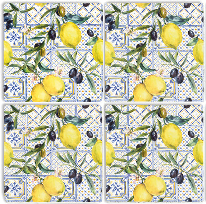 Steinuntersetzer-Set - Zitronen und Oliven