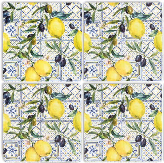 Steinuntersetzer-Set - Zitronen und Oliven