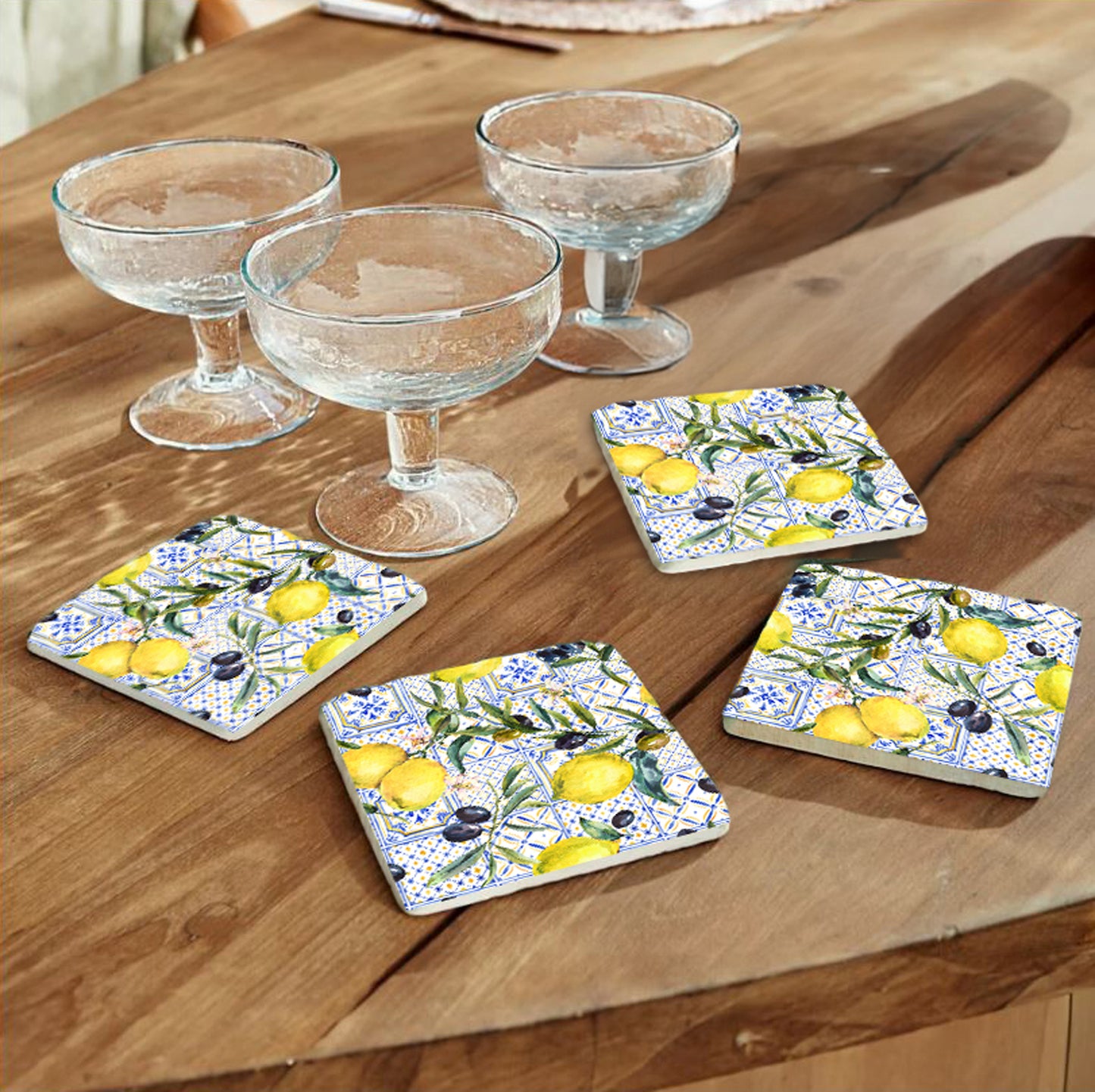 Steinuntersetzer-Set - Zitronen und Oliven