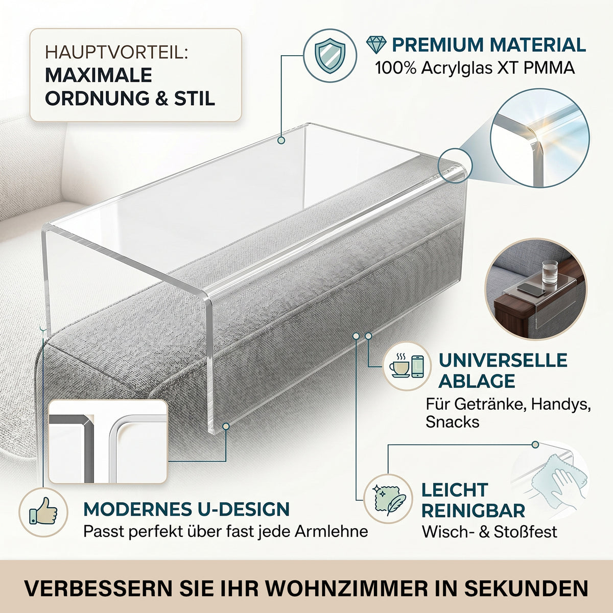 Beistelltisch Ablagefläche für Sofalehne, Tablett, Tisch, Acrylglas So – queence