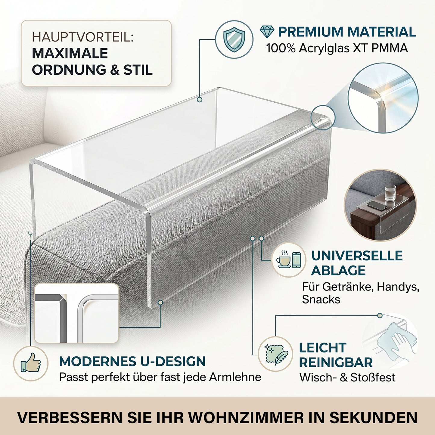 Beistelltisch Ablagefläche für Sofalehne, Tablett, Tisch, Acrylglas Sofa
