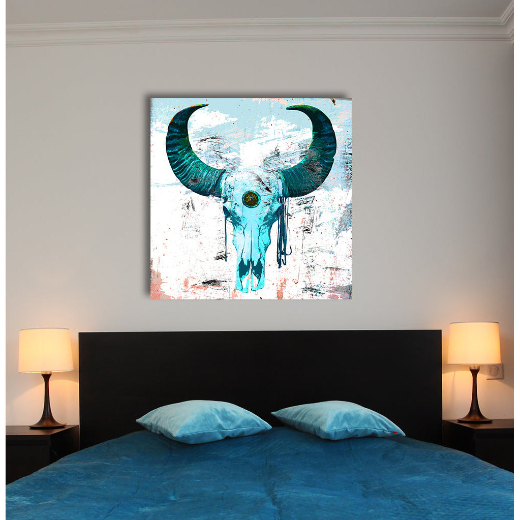 Acrylglasbild - Bulls Skull Blue Wohnbeispiel