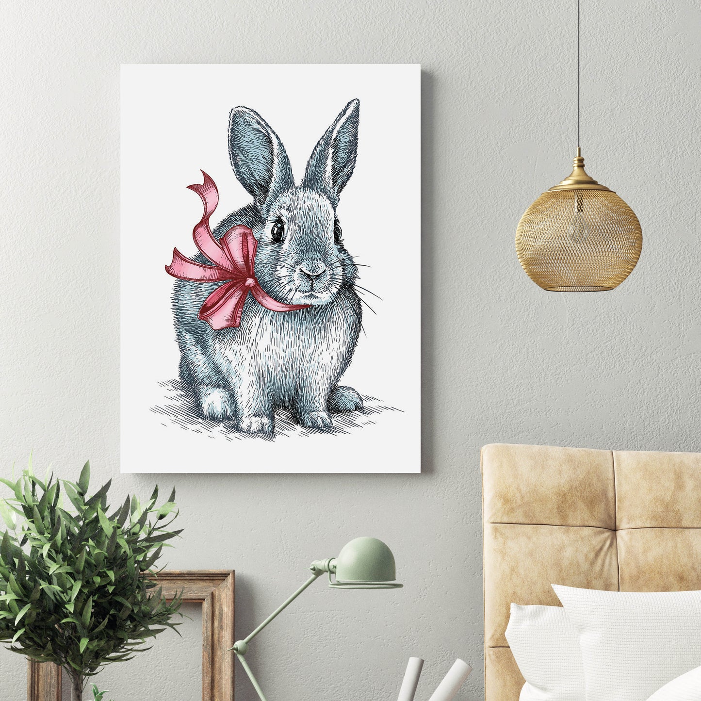 Leinwandbild Ribbon Bunny Ostern-Leinwandbild Wohnbeispiel